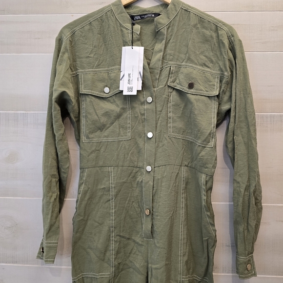 {XS} NWT (NO BELT) Zara Olive Green Modal Long Sleeve Constrat Stitch Jumpsuit - Picture 2 of 9